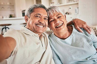 Buy stock photo Selfie, hug and portrait of happy elderly couple, bonding and enjoy retirement time together at home. Memory photo, love and senior man, woman or people embrace for happiness, marriage unity and care