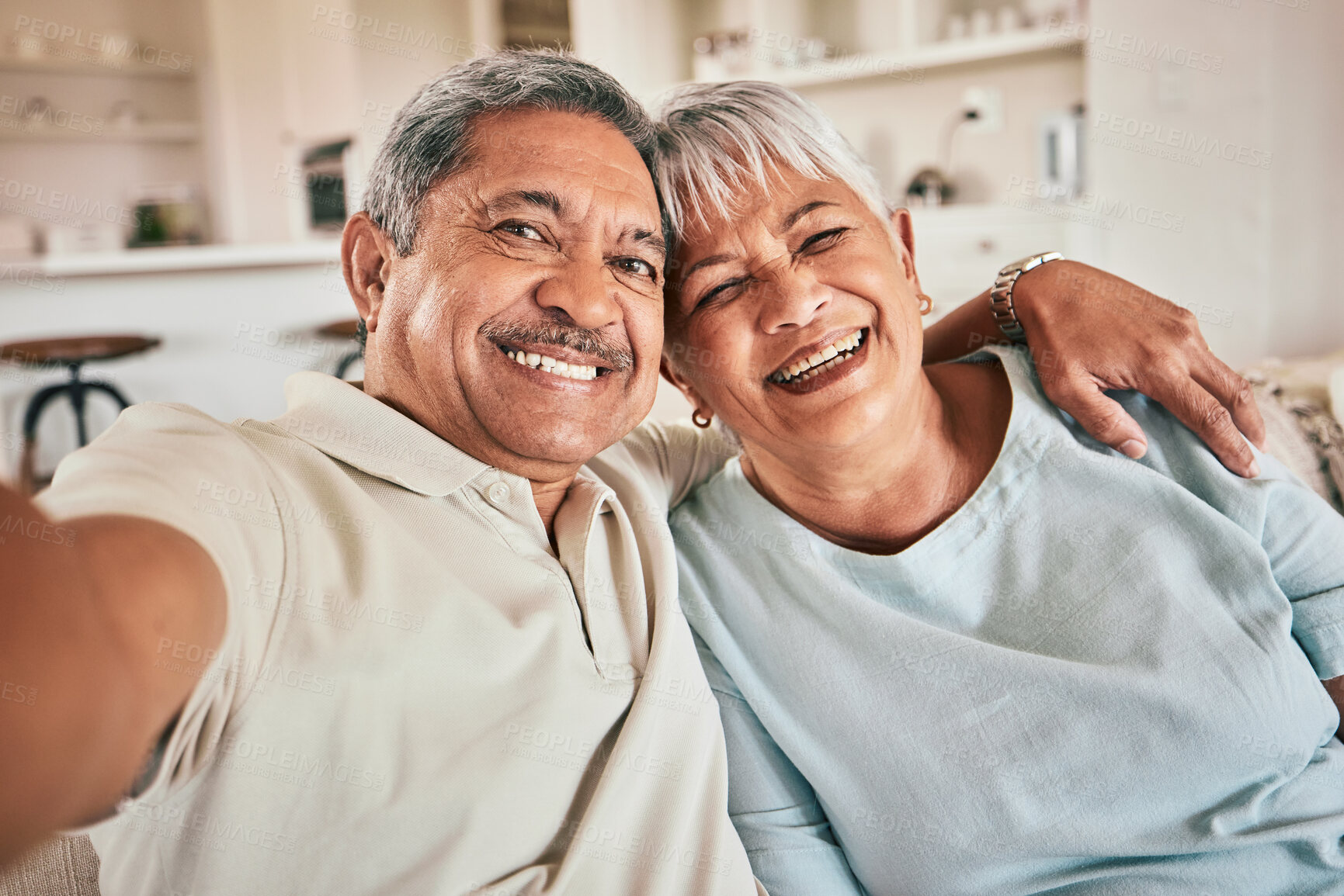 Buy stock photo Selfie, hug and portrait of happy elderly couple, bonding and enjoy retirement time together at home. Memory photo, love and senior man, woman or people embrace for happiness, marriage unity and care