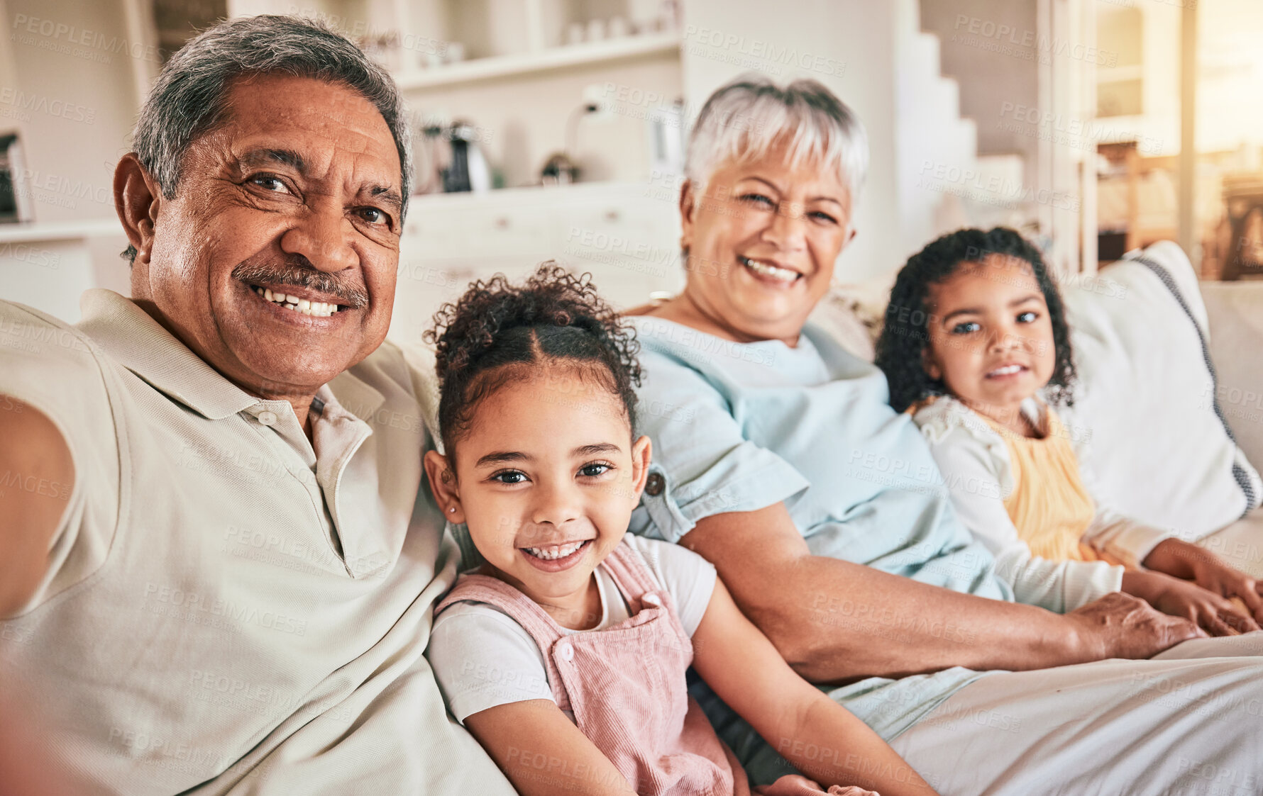 Buy stock photo Selfie portrait, happy family grandparents and children bonding, relax and spending time together in Indonesia home. Smile youth support and memory photo of senior grandmother, grandfather and kids