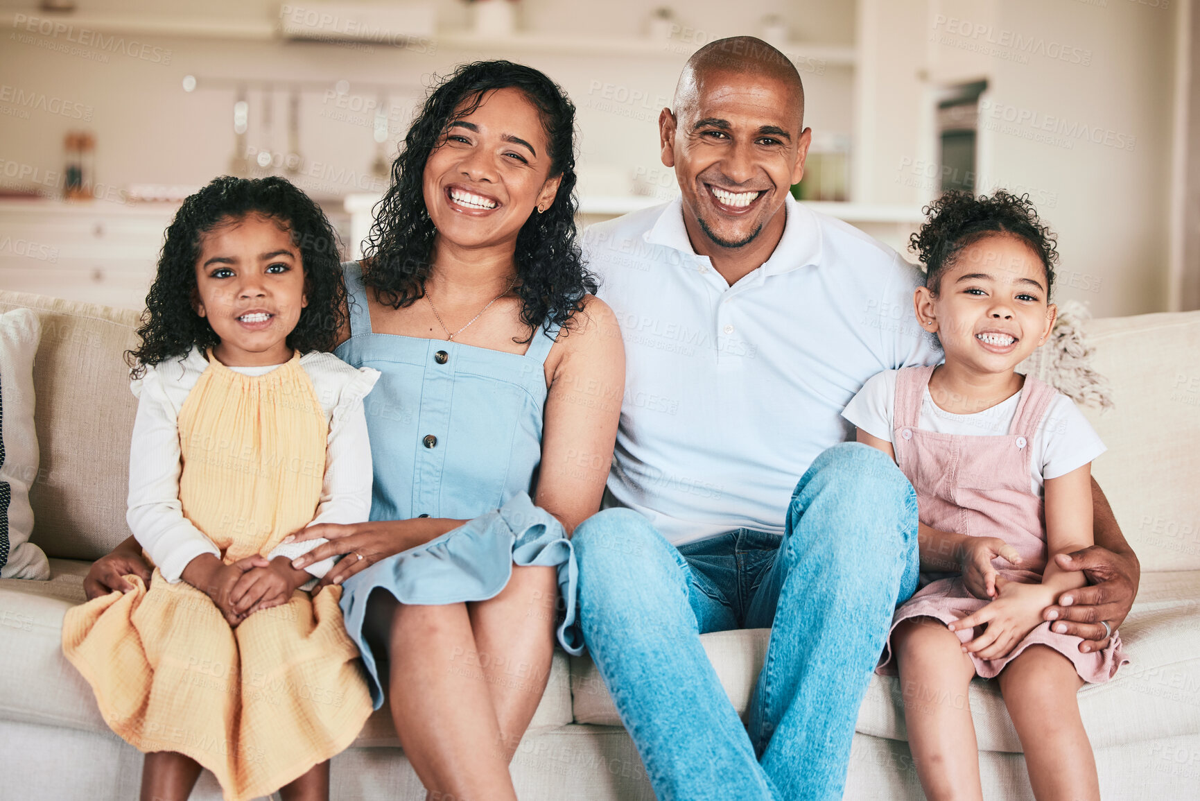 Buy stock photo Family in portrait, parents and happy children relaxing at home in support, love or bonding together on sofa. Happiness, people or living room with relationship or spending quality time on a weekend