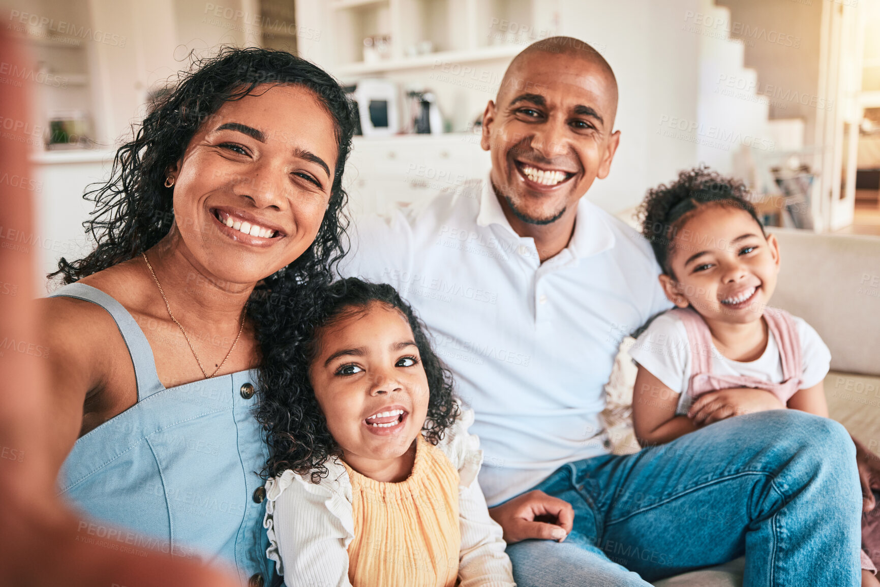 Buy stock photo Happy family, portrait and smile for selfie, photo or profile picture on a sofa in their home. Love, face and photograph pf children with parents in a living room, excited and bonding on the weekend