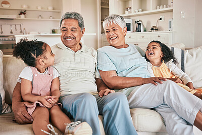 Buy stock photo Family, grandparents and kids laughing at home with love, care and bonding together on relax sofa. Happiness, children and people laugh at funny joke, relationship or spending quality time on weekend