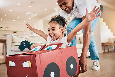 Buy stock photo Car, cardboard and father playing child in fantasy game bonding in a living room or home lounge together. Happiness, happy and single parent or dad having fun with kid or daughter excited to play