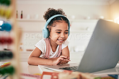 Buy stock photo Laptop, home education and happy child elearning, kindergarten homework or remote school work. Knowledge website, learning software and young kid streaming youth development lesson on headphones