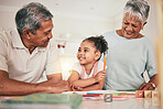 Happy family grandparents, education and kid learning, doing kindergarten homework or remote home school. Creative study, knowledge and child studying in youth development lesson with senior people