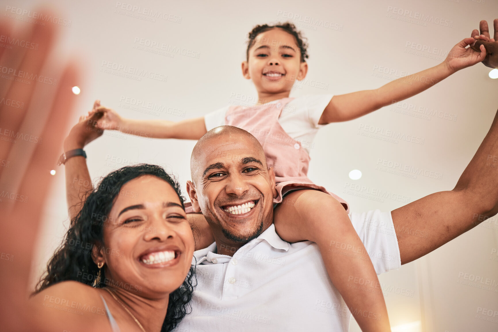 Buy stock photo Selfie, portrait and happy family fun, playing and enjoy time together with home photo memory of weekend bonding. Happiness, love and child care from mother, father and parents with kids on shoulder