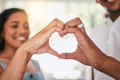 Buy stock photo Happy, shape, heart hands and couple with love, happiness and relationship unity together. Smile, solidarity and man and woman with a gesture of loving, caring and harmony as girlfriend and boyfriend