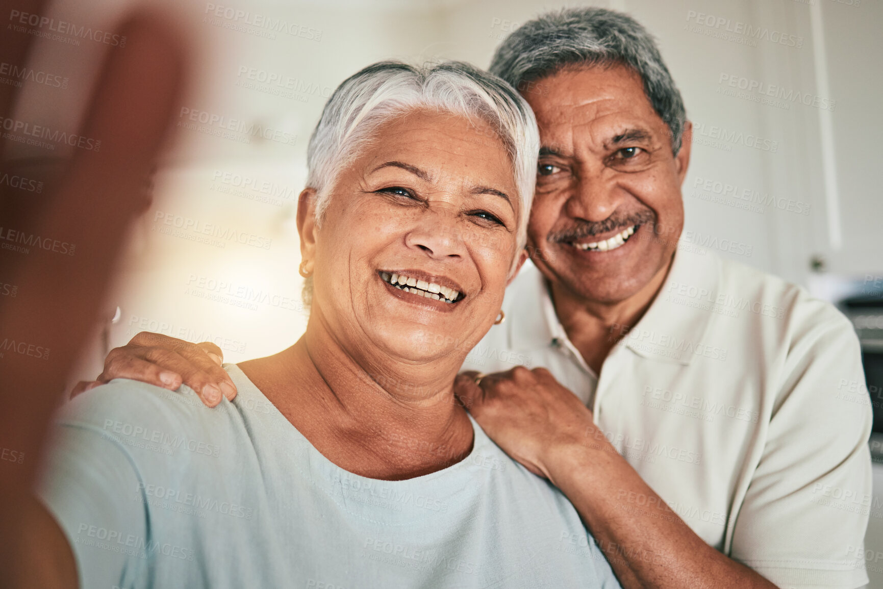 Buy stock photo Happy, love and elderly couple smile for selfie, profile picture or photo in living room, cheerful and embrace. Portrait, retirement and excited old people hug enjoy retired lifestyle in their home