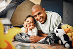 Father, girl and portrait with tent in house for game, toys or happy for bonding, love or playing together. Dad, child and excited face for camping games in family home with happiness on lounge floor