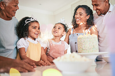 Buy stock photo People singing happy birthday, family smile with celebration and cake at party with generations at home. Celebrate,  together with dessert, happiness and grandmother with parents and children