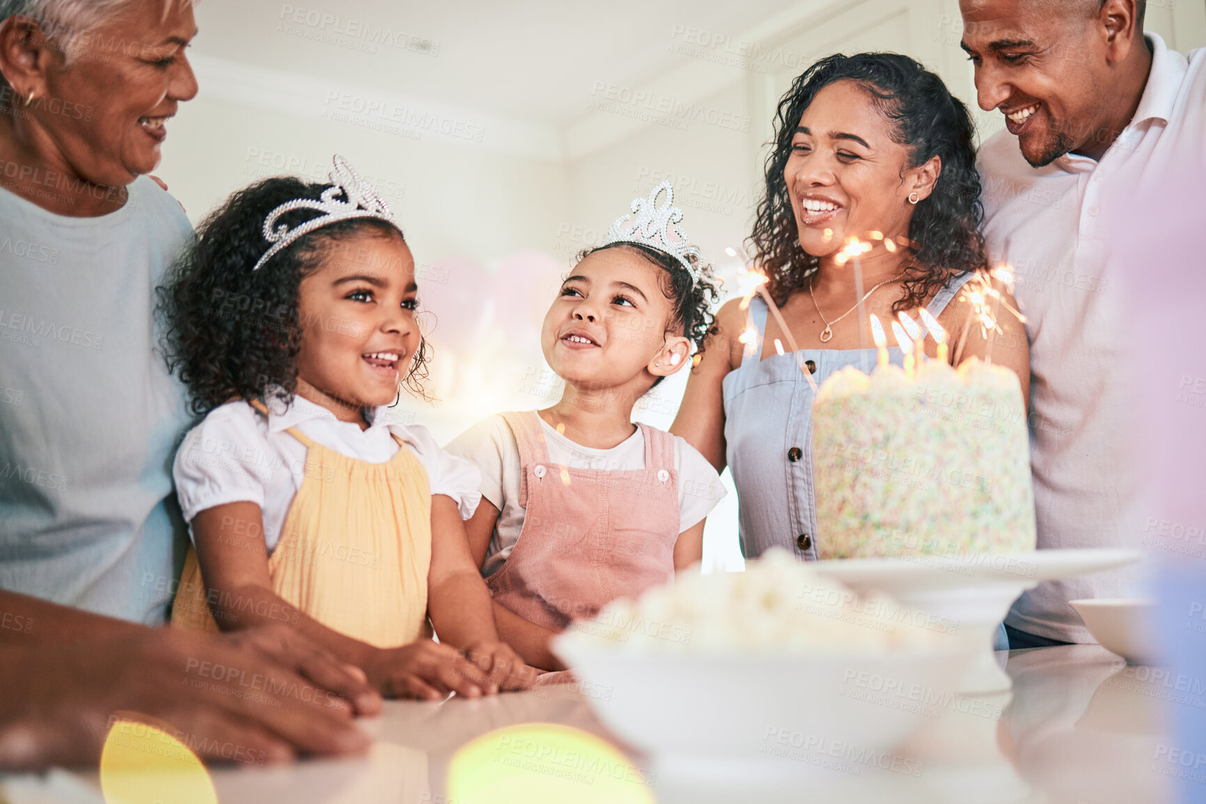 Buy stock photo People singing happy birthday, family smile with celebration and cake at party with generations at home. Celebrate,  together with dessert, happiness and grandmother with parents and children