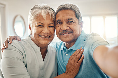 Buy stock photo Selfie portrait, hug and elderly couple smile, bonding and enjoy romantic time together in Brazil apartment. Retirement love, social media memory photo and happy senior man, woman or people embrace