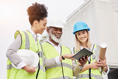 Buy stock photo Architecture, teamwork and people with tablet for engineering, city construction and planning. Collaboration, building and happy man and women on digital tech for inspection, maintenance and project