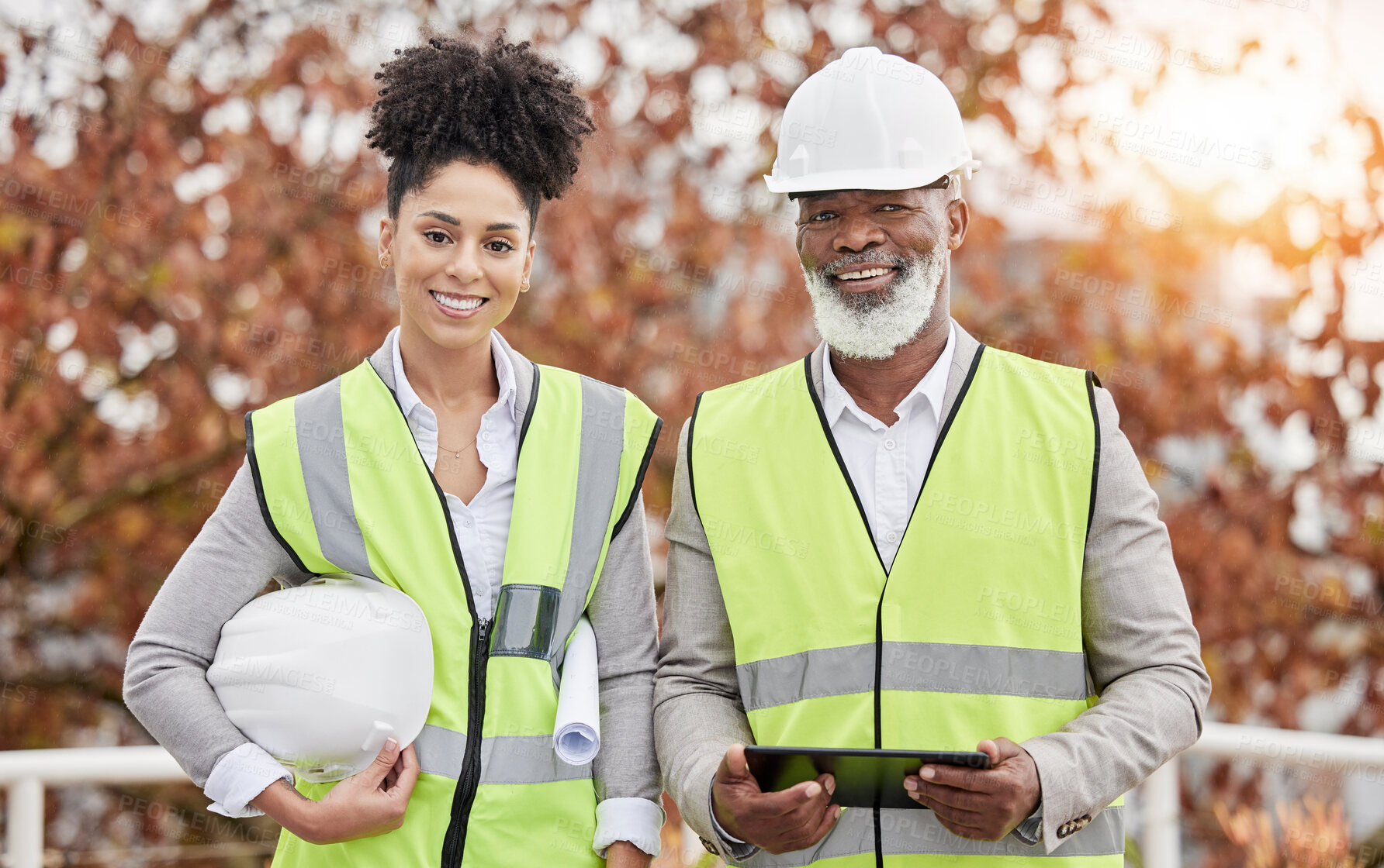 Buy stock photo Architecture, engineer and portrait of people on tablet for building, construction site and planning. Engineering, teamwork and happy man and woman contractor for maintenance, inspection and project