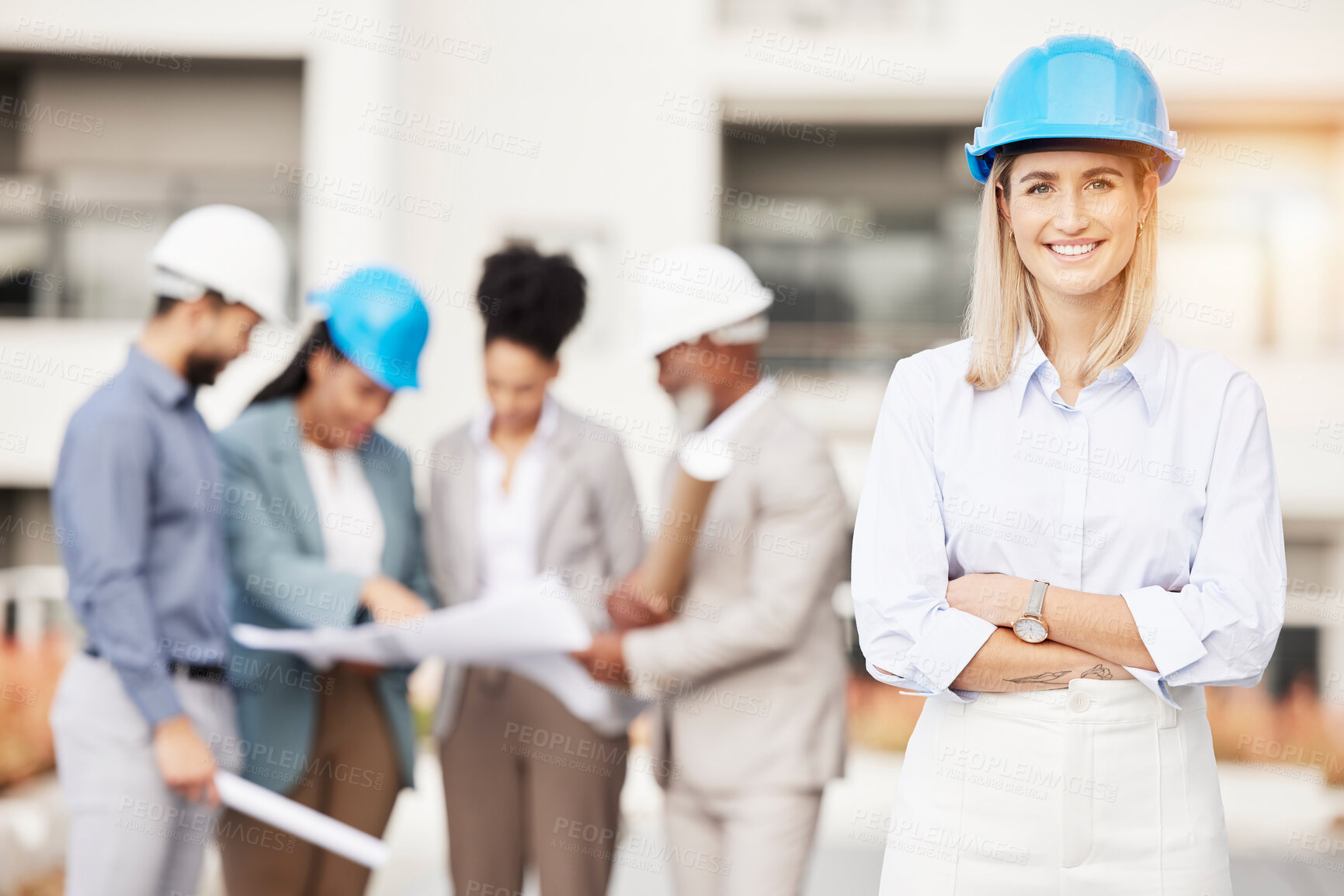 Buy stock photo Architecture, engineer and portrait of woman with smile for building, construction site and planning with team. Engineering, leader and female contractor for maintenance, inspection and development