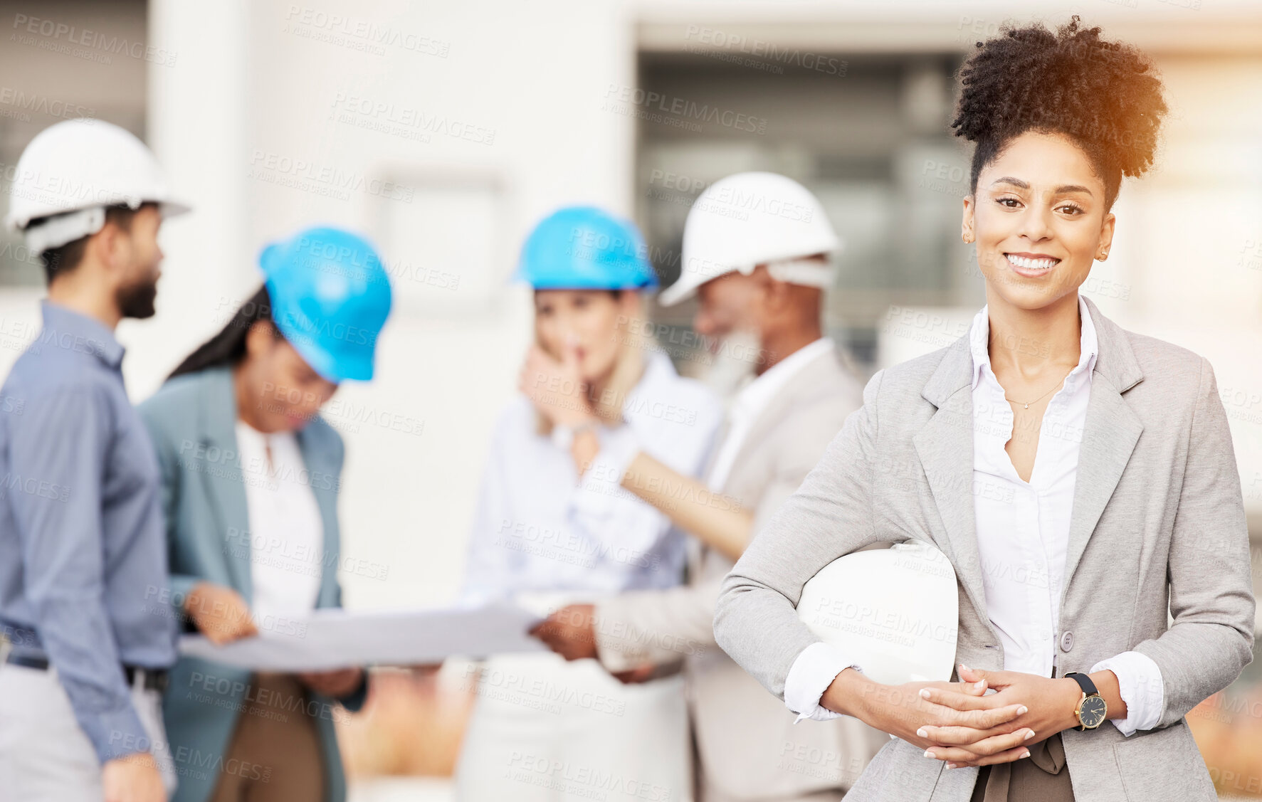 Buy stock photo Architecture, engineer and portrait of woman with team for building, construction site and planning. Engineering, leadership and happy female contractor for property development and maintenance