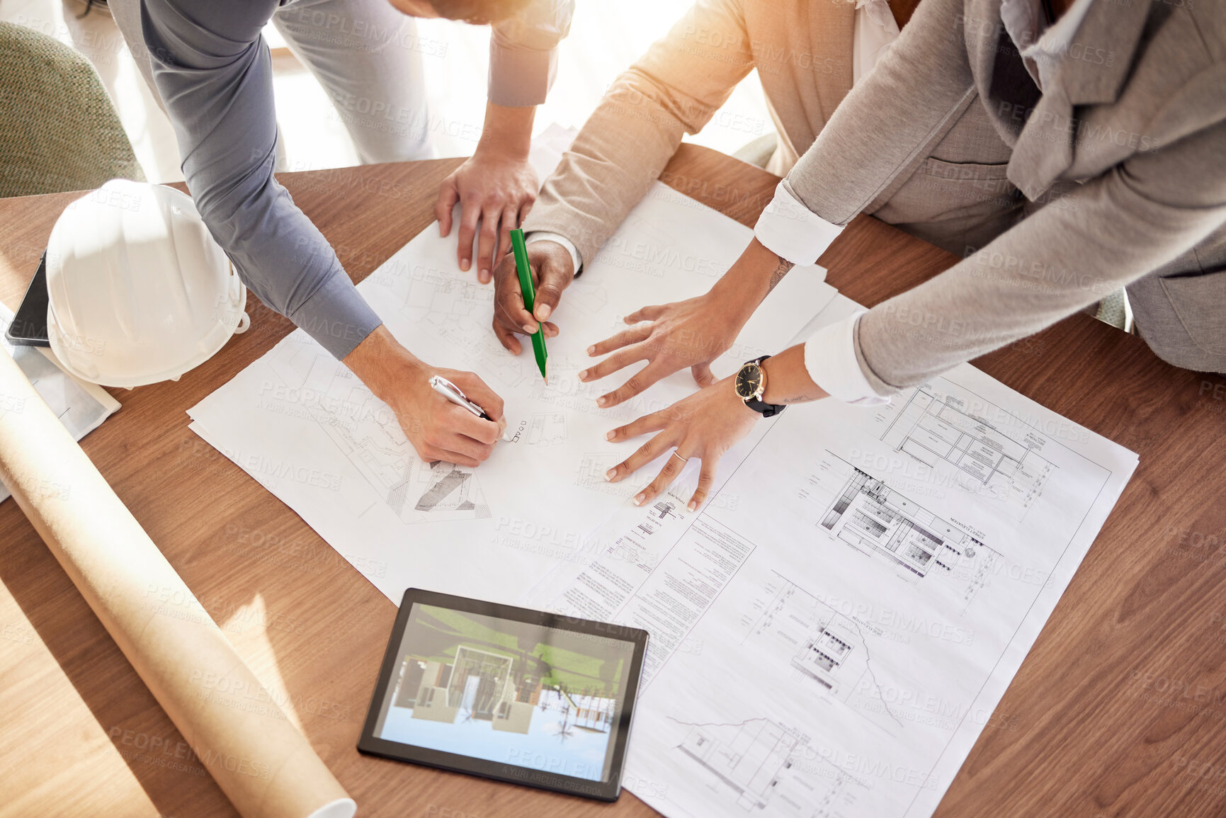 Buy stock photo Top view, engineer and hands with blueprint, tablet and planning for new project, share ideas and check details. Architecture, business people and employees with documents, paperwork and technology