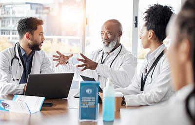 Buy stock photo Medical team, meeting and doctor speaker in a hospital conference room for healthcare seminar. Collaboration, teamwork and wellness staff in a conversation for doctors innovation and management