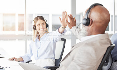 Buy stock photo Business people, call center and high five for happy success, partnership or winning in teamwork at office. Group of employee consultants or agents touching hands in celebration for win at workplace