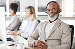Businessman, call center and portrait smile with headphones for customer service, support or telemarketing at office. Happy senior black man consultant or agent working with headset for online advice