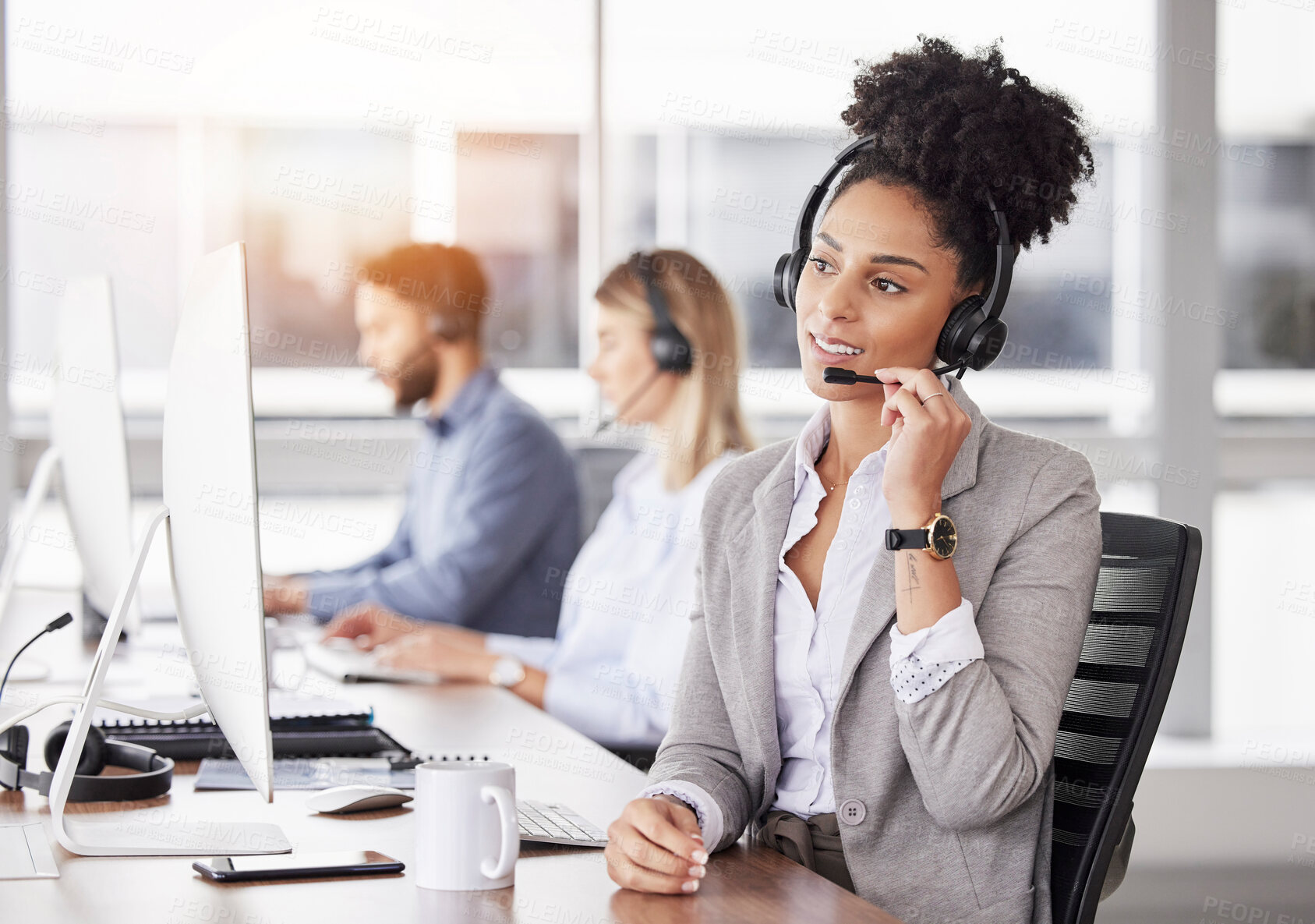 Buy stock photo Call center, customer support and woman consultant working on online consultation in the office. Crm, business and professional African female telemarketing or sales agent with headset in workplace.