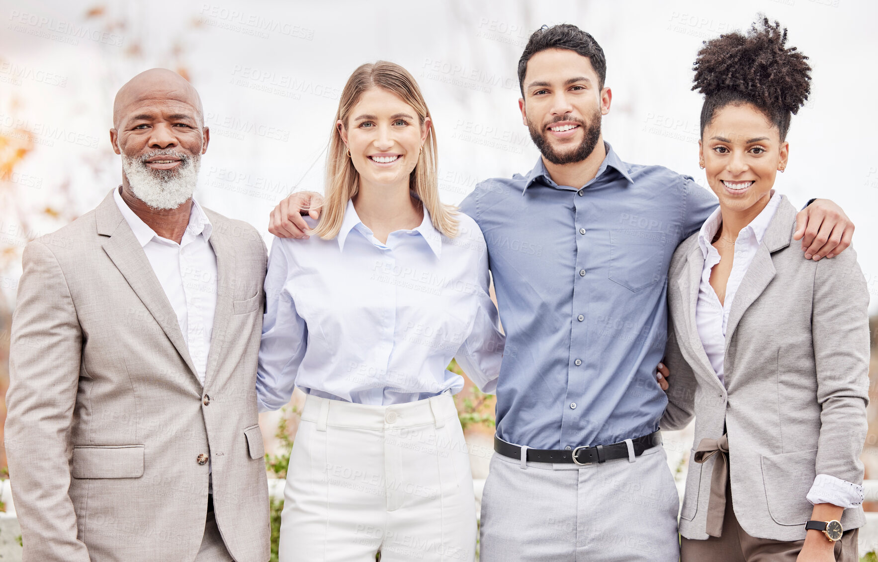 Buy stock photo Business team, portrait and outdoor with diversity for collaboration and corporate success. professional men and women group in a happy huddle for teamwork, support and goals or motivation in a city