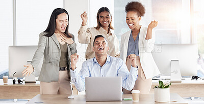 Buy stock photo Business people, laptop and team celebration for winning, award or profit on crypto market. Businessman, women and teamwork with success, bonus and competition with fintech, surprise and achievement