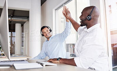 Buy stock photo Call center, happy men and high five of teamwork, success and celebrate winning telecom deal. Motivation, telemarketing and celebration of sales target, business achievement and bonus trading goals