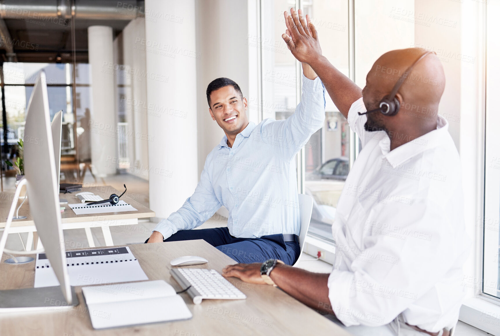 Buy stock photo Call center, happy business men and high five of team, success and celebrate winning deal. Diversity, telemarketing and celebration of sales target, excited telecom achievement or bonus trading goals