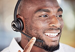 Call center, black man and face talking in office, customer service and sales consulting. Telemarketing, happy male consultant and telecom agent for faq questions, business advisory and crm support