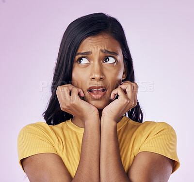 Buy stock photo Scared, thinking and face of Indian woman on pink background with fear, nervous and confused expression. Stress, anxiety mockup and isolated female with worried, anxious and crisis reaction in studio
