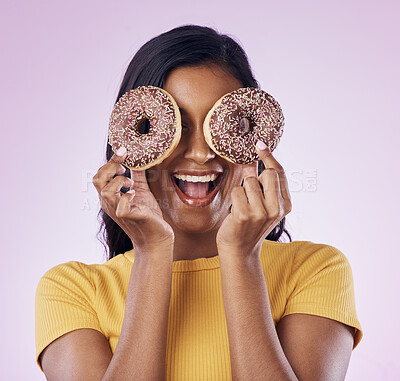 Buy stock photo Donut, dessert and cover with woman in studio for diet, snack and happiness. Sugar, food and smile with female hiding and isolated on pink background for nutrition, playful and craving mockup
