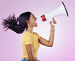 Angry megaphone announcement, shout or woman protest for revolution strike, government change or justice. Human rights voice, microphone noise speech or profile of studio speaker on purple background