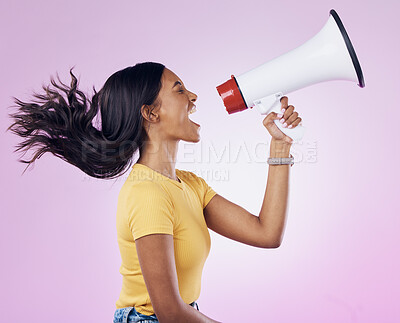 Buy stock photo Angry megaphone announcement, shout or woman protest for revolution strike, government change or justice. Human rights voice, microphone noise speech or profile of studio speaker on purple background