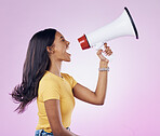 Megaphone, protest and voice of woman isolated on pink background broadcast, justice and gen z opinion. Person profile, speaker or young leader of politics, news and call to action in studio speech