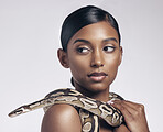 Fashion, beauty and woman in studio with snake on neck for art aesthetic with exotic zoo animal on white background. Face, danger and creative style, asian model with seductive look and dangerous pet