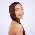 Hair care, beauty and woman with smile, straight hairstyle and luxury salon treatment isolated on white background. Haircare, haircut and happiness, Brazilian model with happy face in studio mockup.