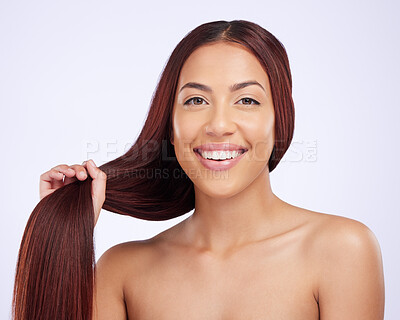 Buy stock photo Portrait of happy woman with hair in hands, beauty and care for straight haircut and luxury salon shine on white background. Haircare, glow and happiness, face of Brazilian model on studio backdrop.