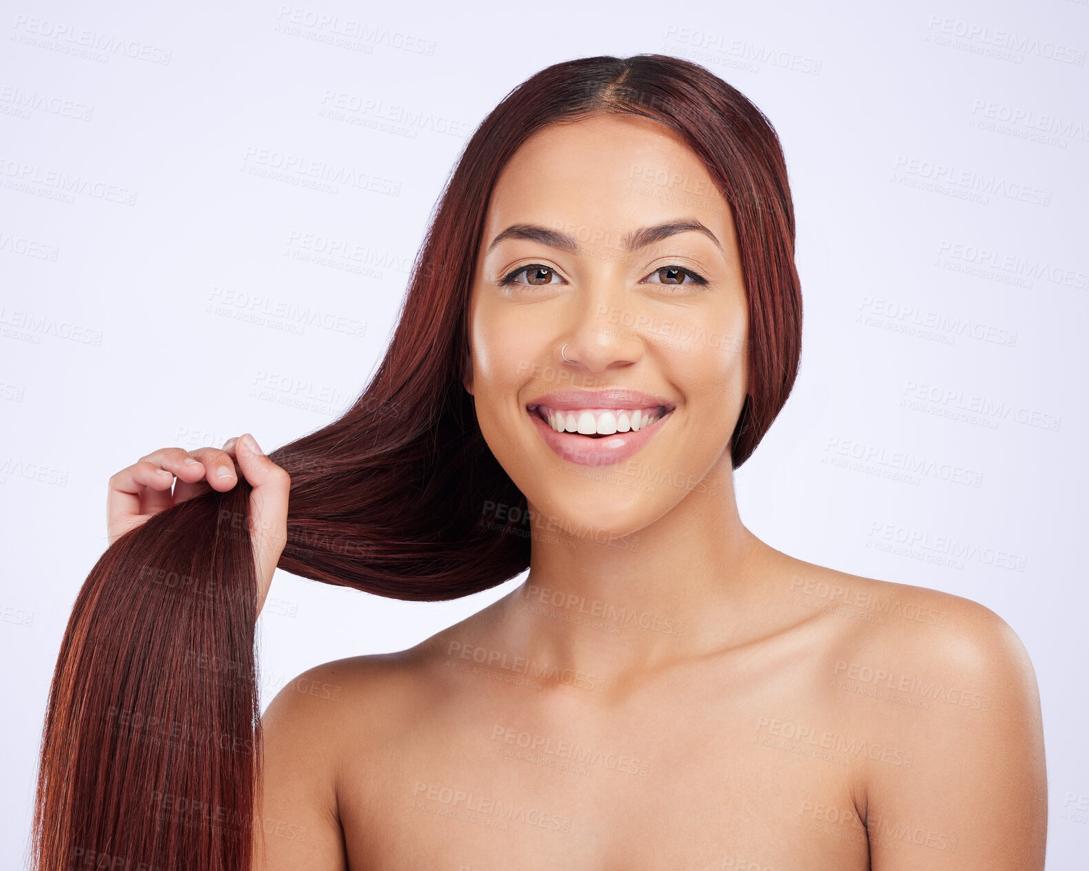 Buy stock photo Portrait of happy woman with hair in hands, beauty and care for straight haircut and luxury salon shine on white background. Haircare, glow and happiness, face of Brazilian model on studio backdrop.
