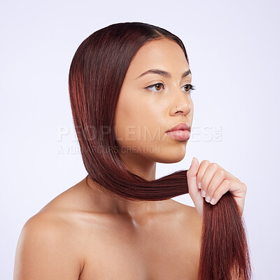 Buy stock photo Haircare, beauty and woman holding hair, straight hairstyle and luxury salon shine isolated on white background. Haircut, keratin glow and serious expression of Brazilian model in studio backdrop.