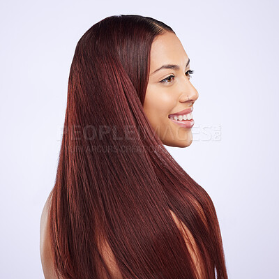 Buy stock photo Hair care, beauty and profile of happy woman with healthy hairstyle, luxury salon treatment and color on white background. Haircare, haircut and Brazilian model with smile on face in studio backdrop.