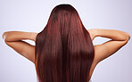 Back, hair care or girl in studio for healthy natural shine, beauty or wellness on white background. Texture of glowing, hair style or woman with salon spa self care cosmetics in grooming for growth