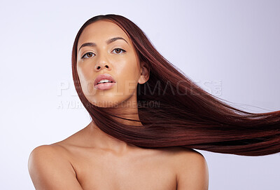 Buy stock photo Hair care, portrait or woman with long hair style, luxury salon treatment or color isolated on white background. Hair styling, beauty salon or Brazilian girl model with hair growth results in studio