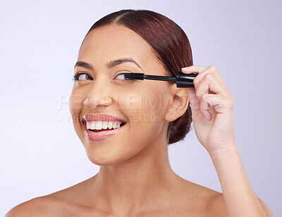 Buy stock photo Face, mascara makeup or happy woman in studio isolated on white background in facial treatment. Skincare beauty, grooming brush or girl model smiling with tools or luxury self care eyelash cosmetics