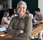 Proud, happy portrait and business woman in meeting for professional leadership, management or planning mindset. Indian person, manager or boss with arms crossed for career goals and office happiness