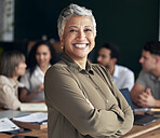 Proud, happy portrait and woman in meeting for professional leadership, business management or planning mindset. Indian person, manager or boss with arms crossed for career goals and office happiness