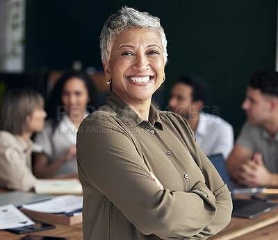 Buy stock photo Leader, portrait and woman arms crossed in meeting with professional leadership, business management planning and mindset. Indian person, manager or boss proud for career goals and office happiness