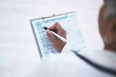 Buy stock photo Doctor, hand and clipboard for writing report in clinic with inspection, healthcare paperwork or info. Woman medic, paper and documents for identity, results or diagnosis with focus at hospital job