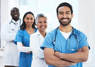 Buy stock photo Team of doctors, proud portrait and healthcare service, leadership and happy teamwork in hospital diversity. Professional nurses, medical man and women or people with mindset for clinic career