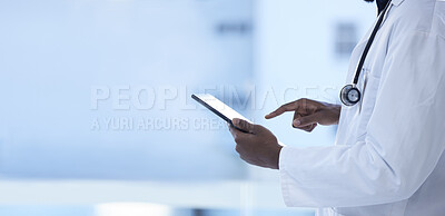 Buy stock photo Mockup, hands and doctor with tablet, healthcare or futuristic telehealth in hospital. Hand, surgeon or medical professional with device, tech or typing for research, information update or innovation